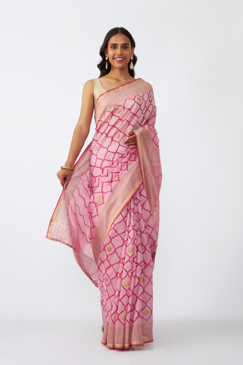 Pink Pure Silk Cotton Hand Printed Saree image number null