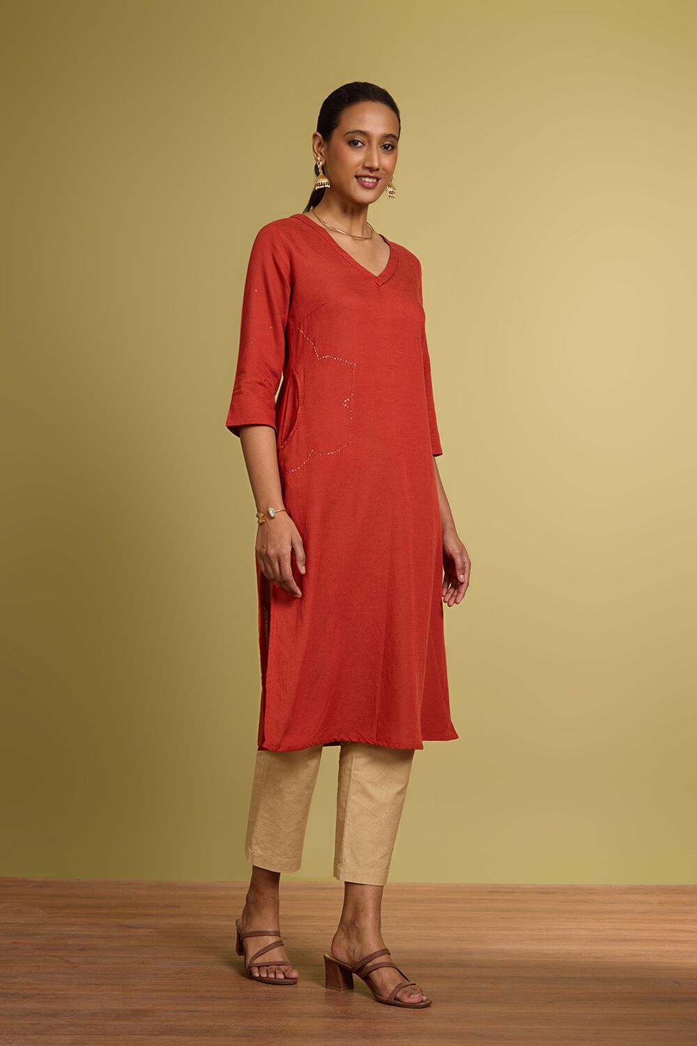 Orange Viscose Cotton Embroidered Kurta image number null