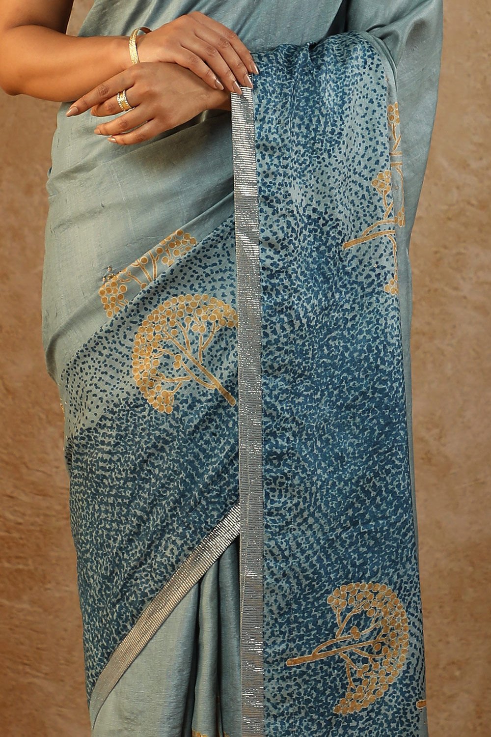 Blue Pure Tussar Silk Hand Painted Saree image number null