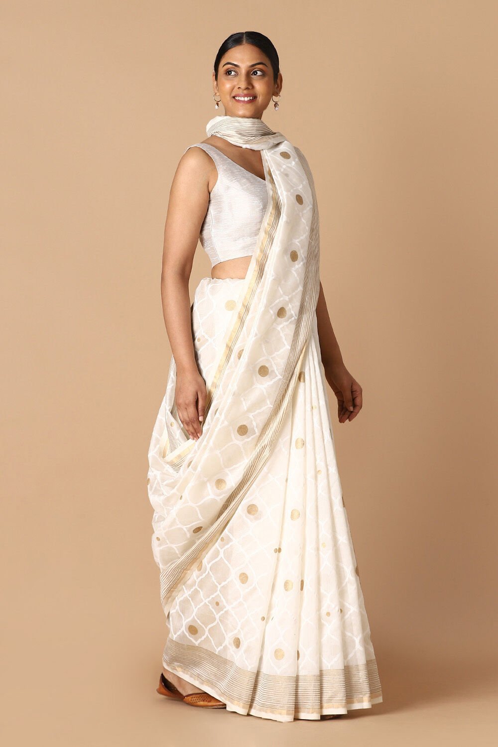 Off White Pure Silk Cotton Hand Printed Saree image number null