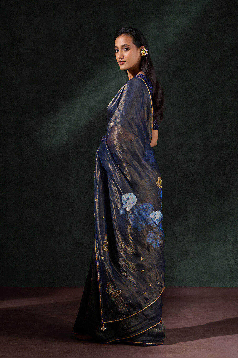 Dark Blue Pure Silk Tissue Embroidered Saree image number null