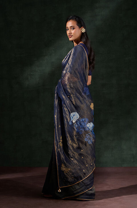 Dark Blue Pure Silk Tissue Embroidered Saree