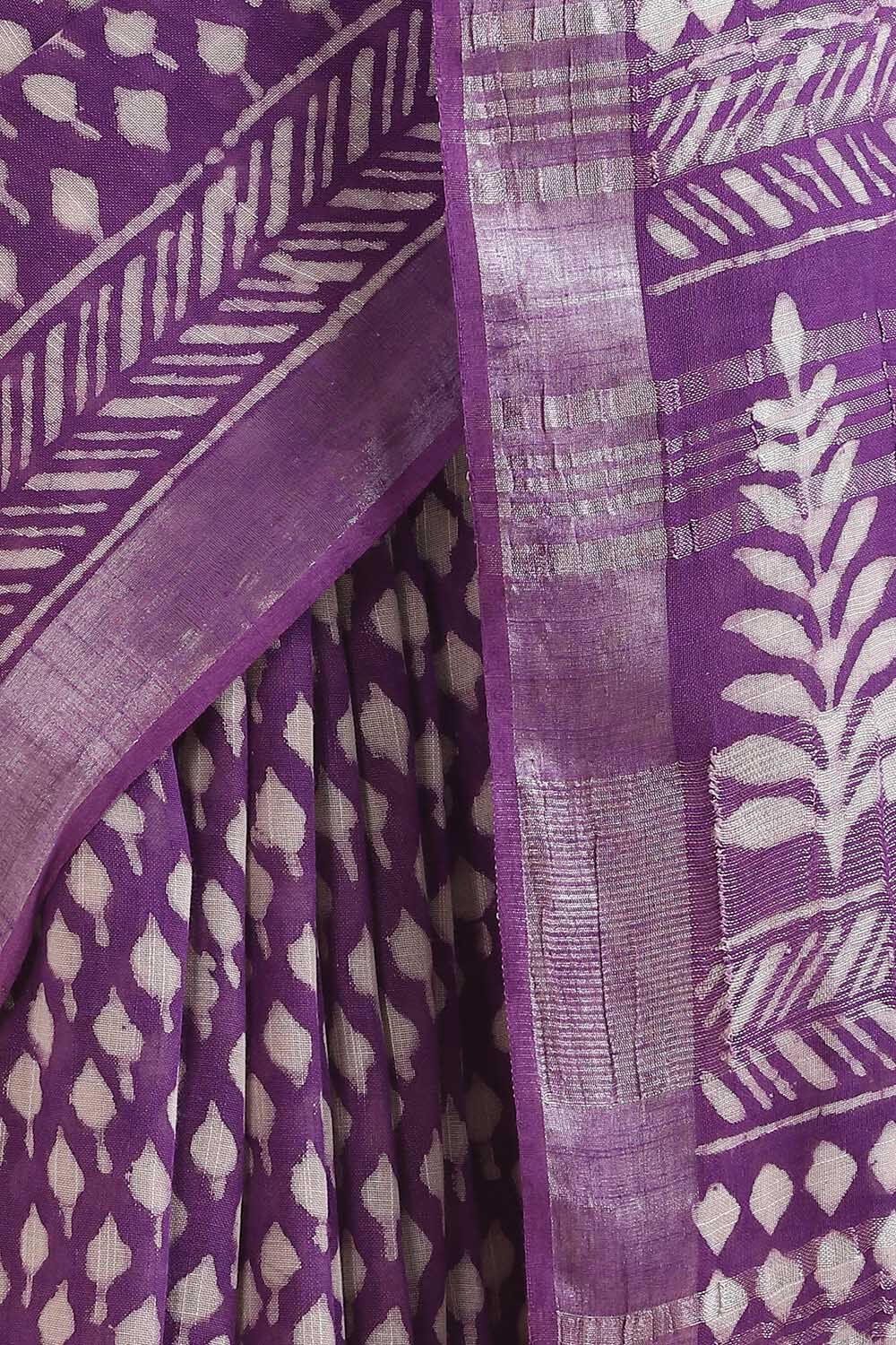 Violet Pure Cotton Linen Bagru Printed Saree image number null