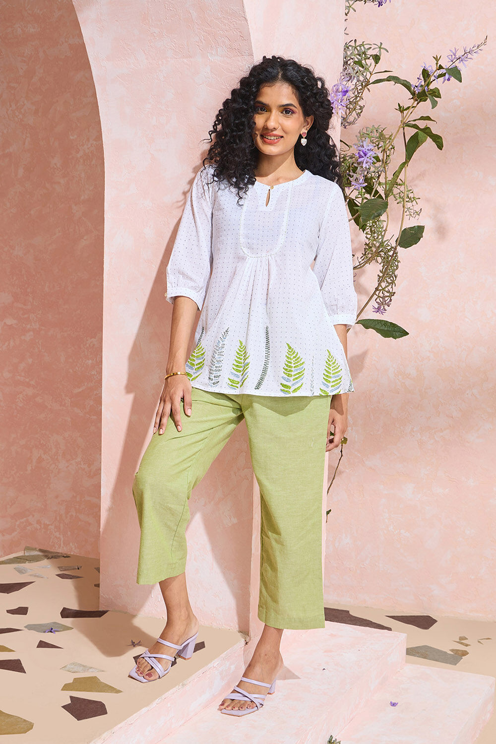 White Block Printed Pure Cotton Short Top image number null