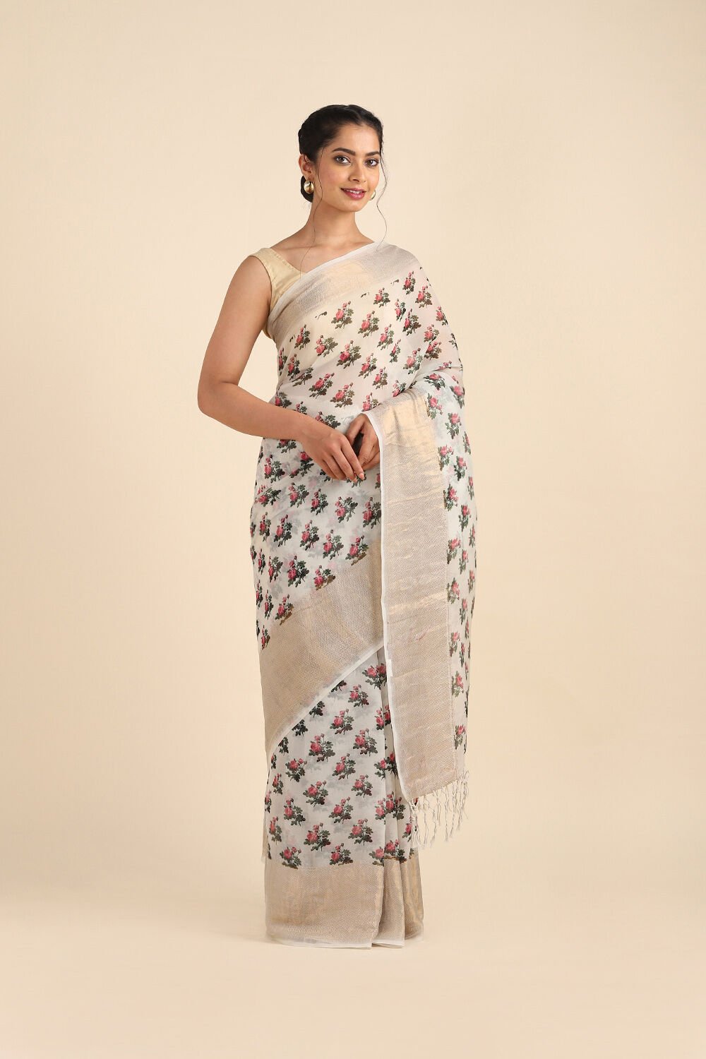 Off White Pure Silk Organza Digital Printed Saree image number null