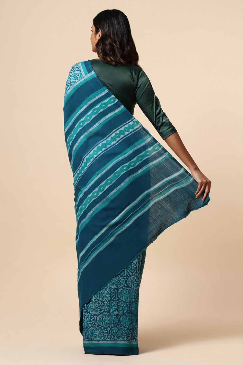 Blue Pure Khadi Cotton Dabu Printed Saree image number null