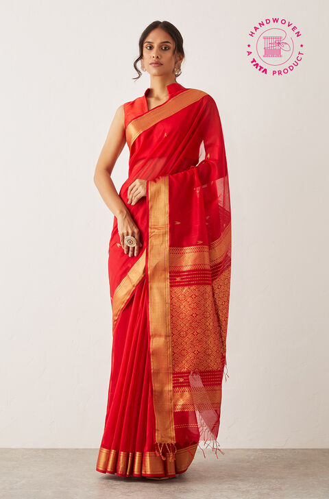 Dark Red Pure Silk Cotton Woven Maheswari Saree