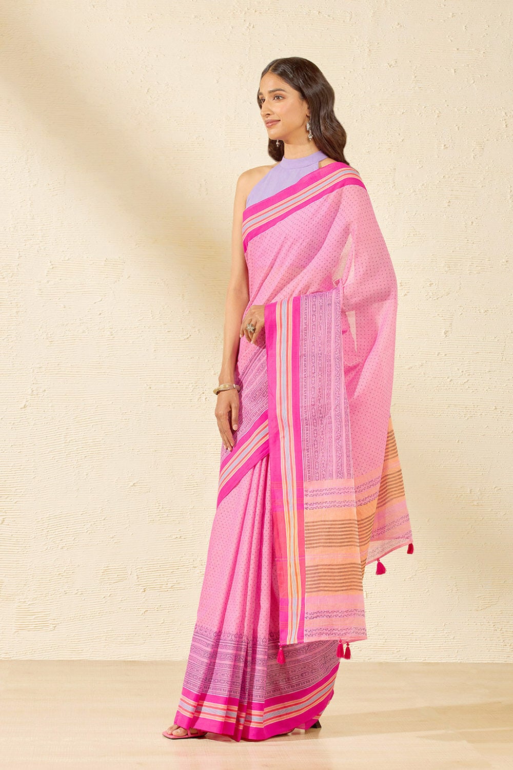 Dark Pink Pure Cotton Block Printed Bengal Saree image number null