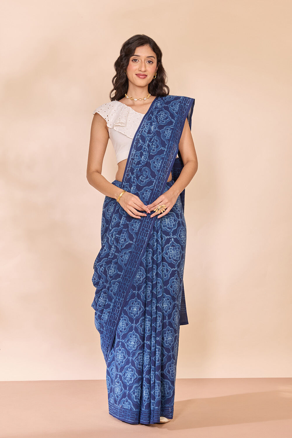 Blue Rajasthan Pure Cotton Dabu Block Printed Saree image number null