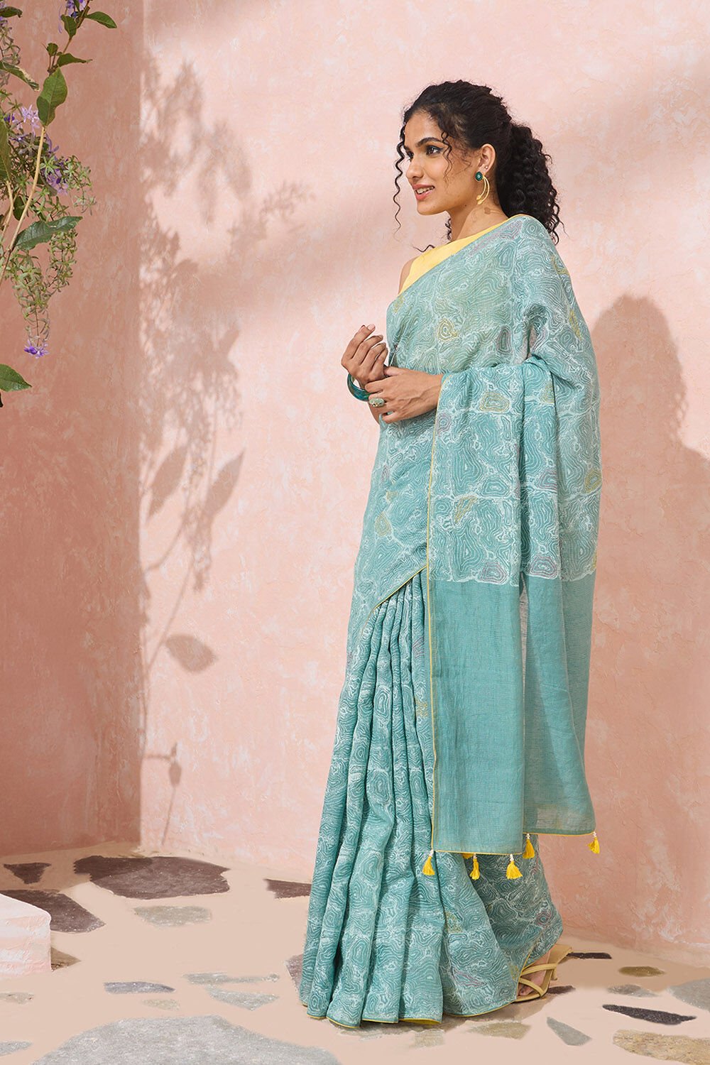 Light Blue Block Printed Tissue Linen Saree image number null
