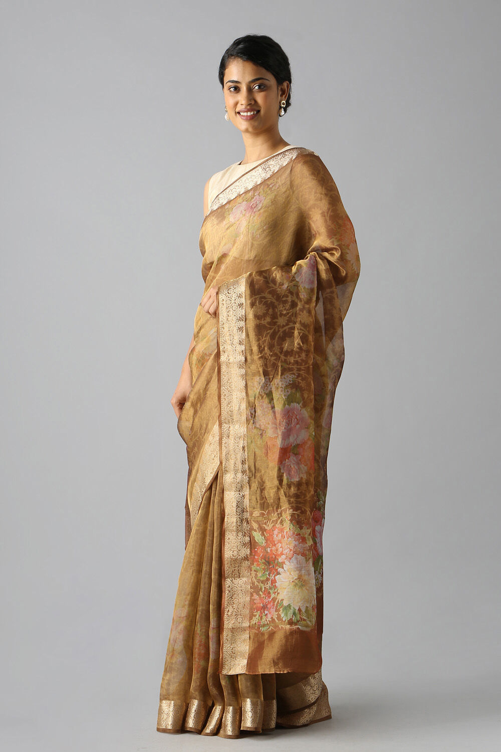 Brown Pure Tissue Silk Digital Printed Saree image number null