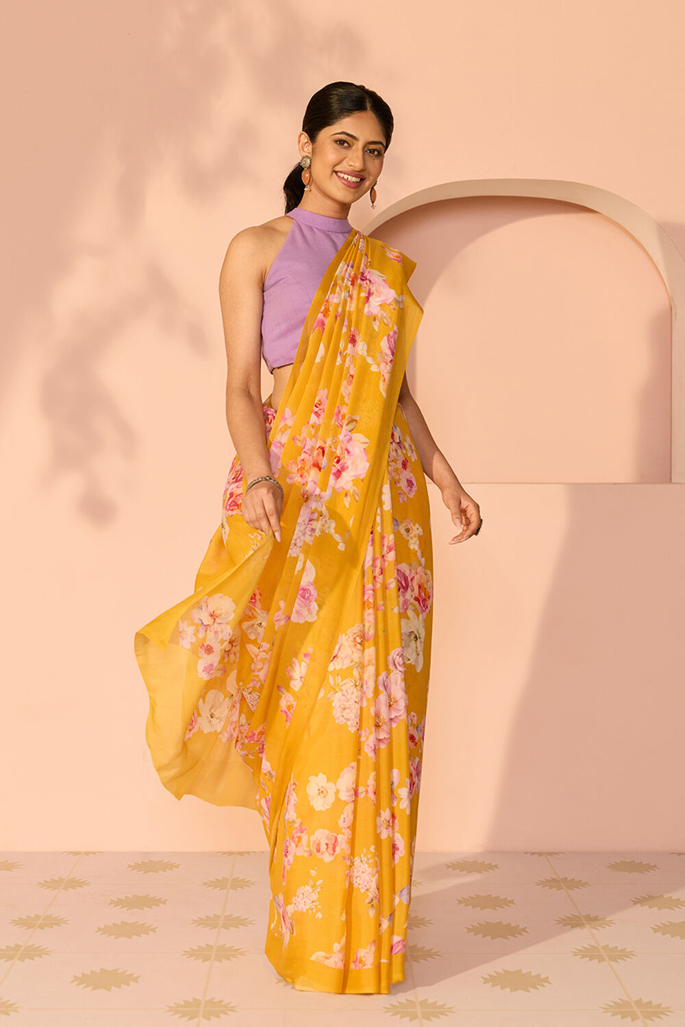Yellow Printed Viscose Crepe Saree image number null