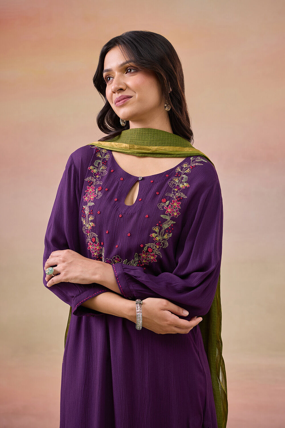 Violet Embroidered Pure Rayon Kurta Set image number null