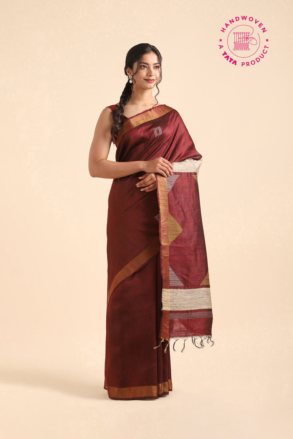 Dark Red Pure Tussar Silk Bhagalpuri Saree image number null