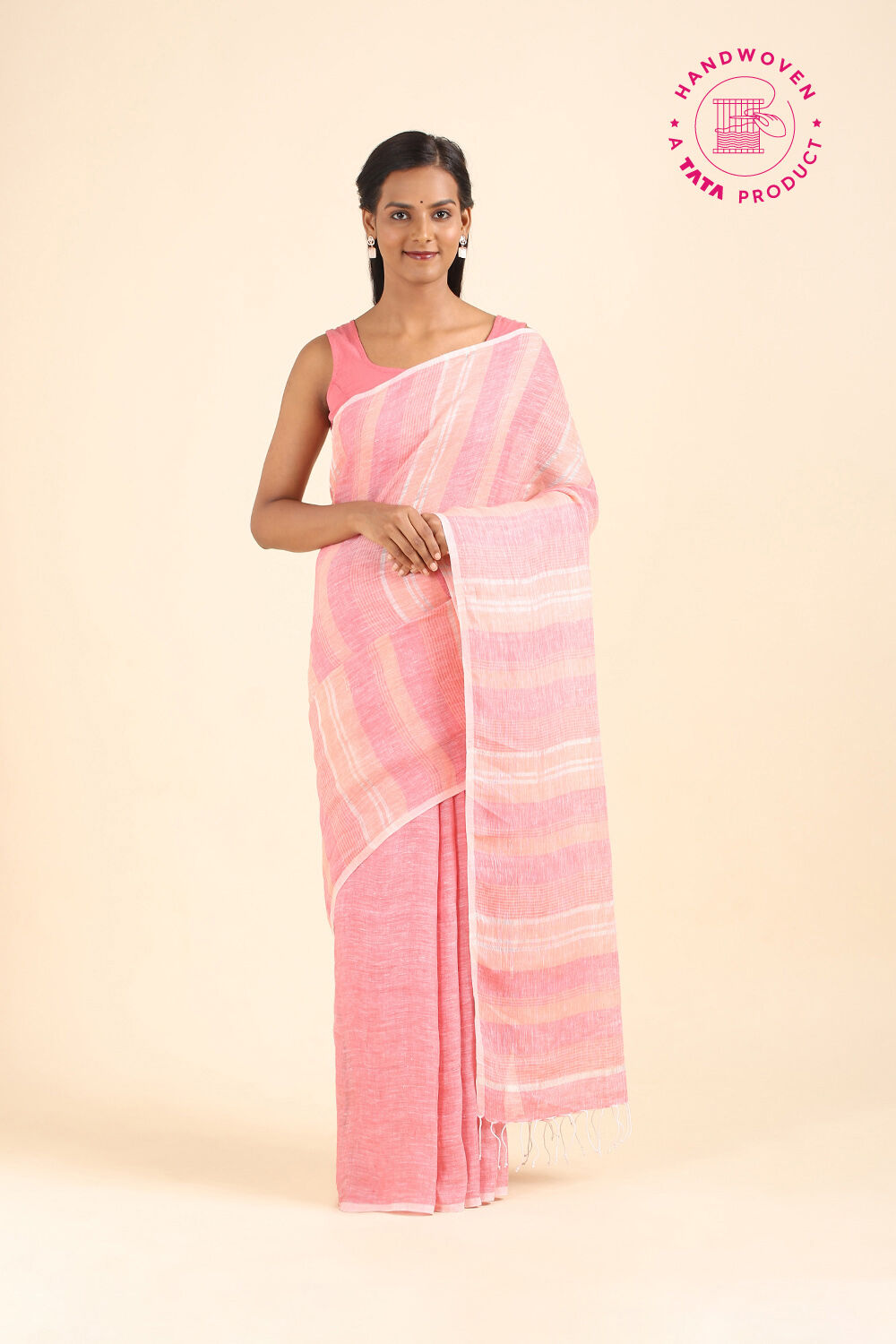 Pink Pure Linen Bengal Saree image number null