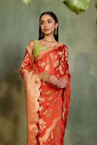 Orange Woven Viscose Satin Saree image number