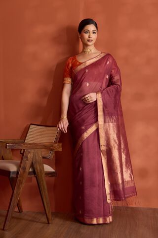 Dark Red Woven Pure Silk Cotton Bengal Saree image number