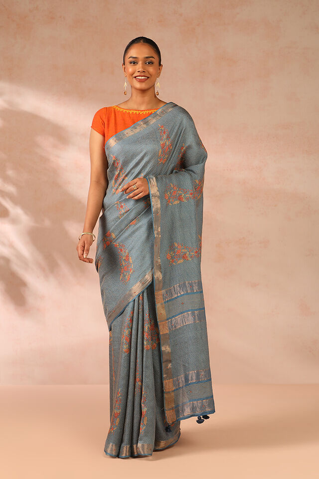 Blue Printed Pure Tussar Silk Saree