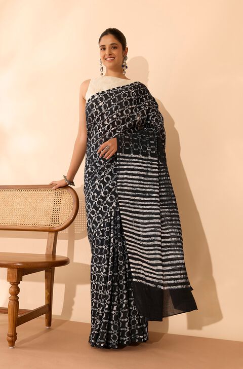 Black Ujjain Pure Cotton Batik Saree