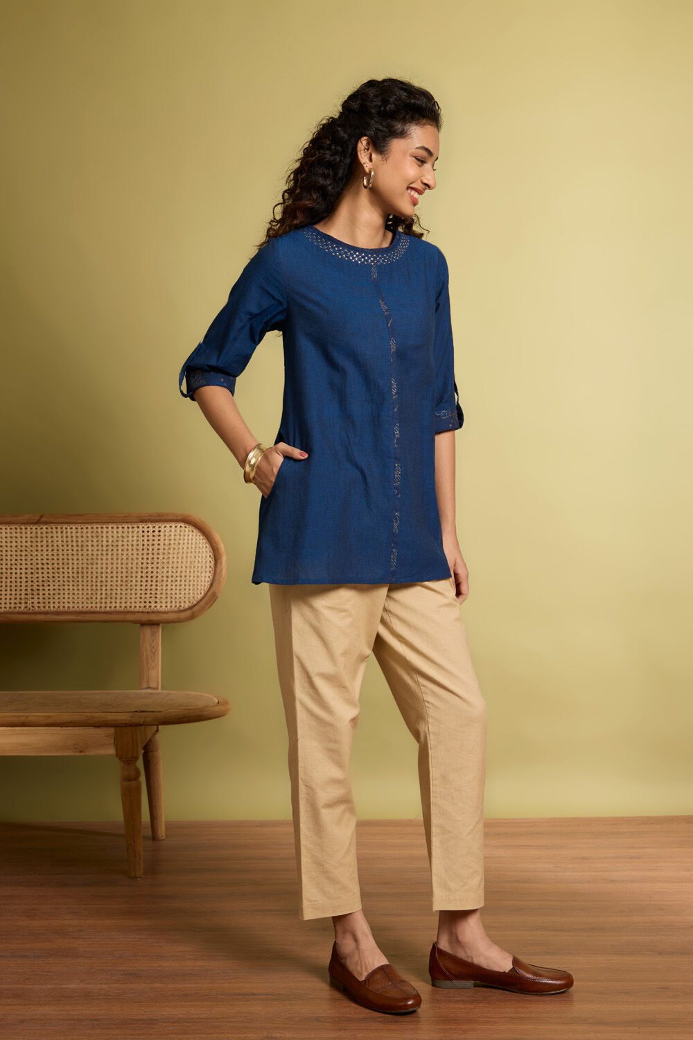 Blue Woven Pure Cotton Short Top image number null
