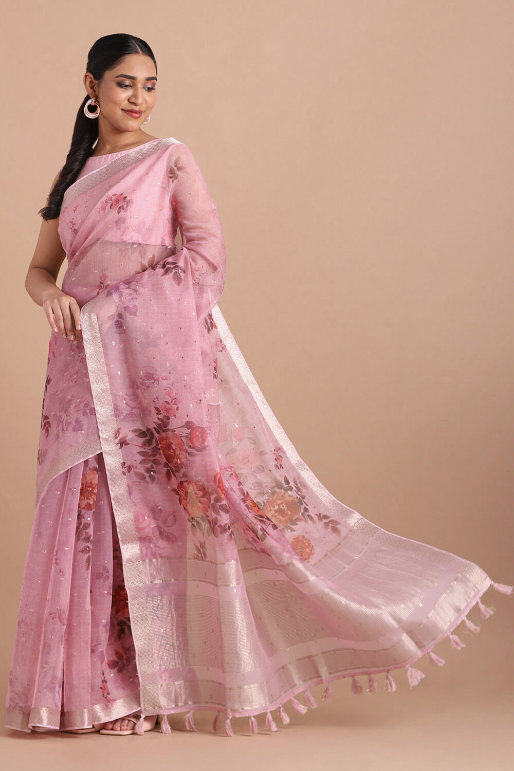 Light Pure Pink Embroidered Saree image number null