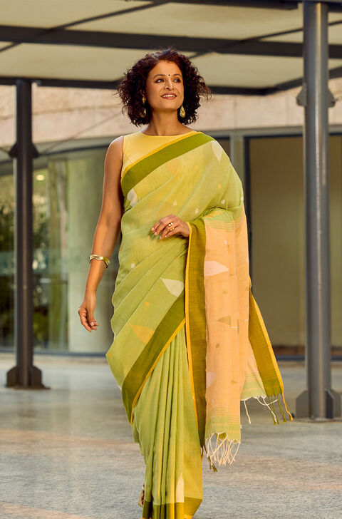Light Green Bengal Pure Cotton Jamdani Saree