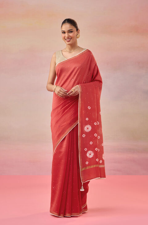 Red Gujarat Pure Silk Cotton Mukaish Saree