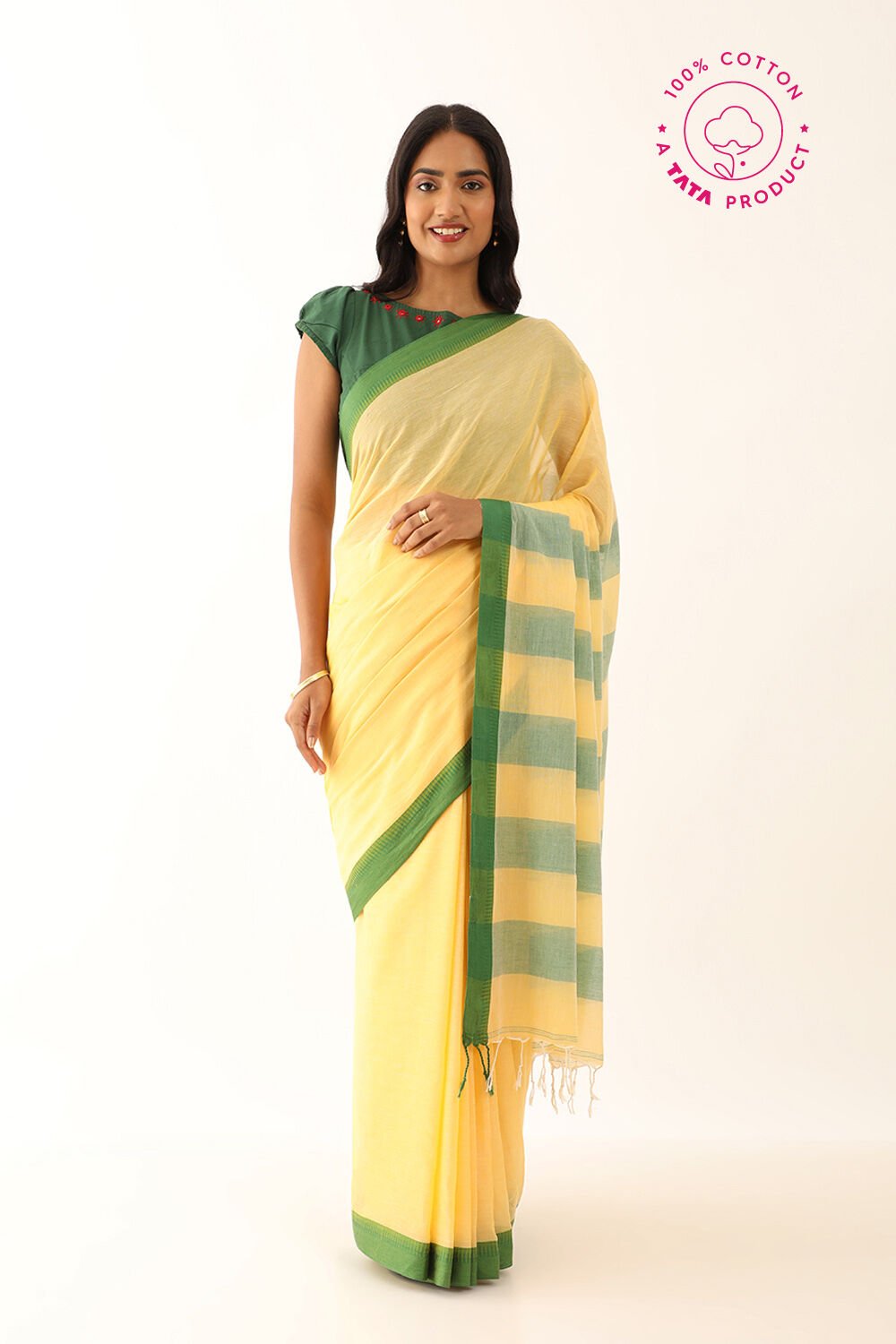 Light Yellow Pure Cotton Woven Bengali Saree image number null