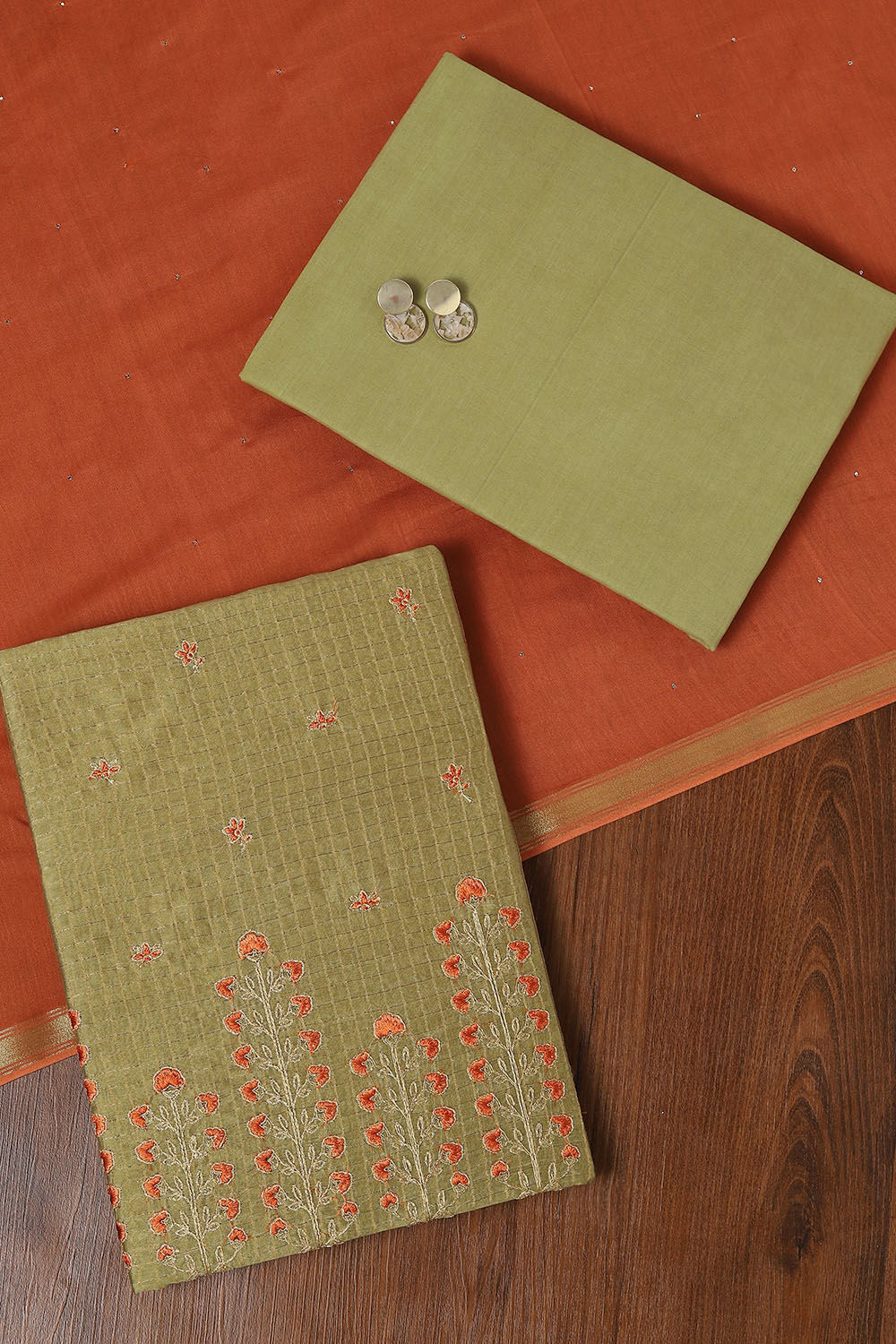 Light Green Silk Cotton Embroidered Unstitched Suit Set image number null