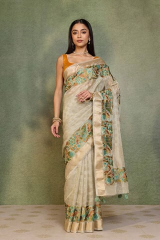 Grey Embroidered Viscose Tissue Saree thumbnail image number null