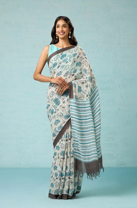 Off White Screen Printed Pure Linen Saree