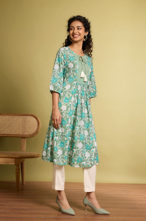 Light Green Printed Embroidery Pure Cotton Kurta