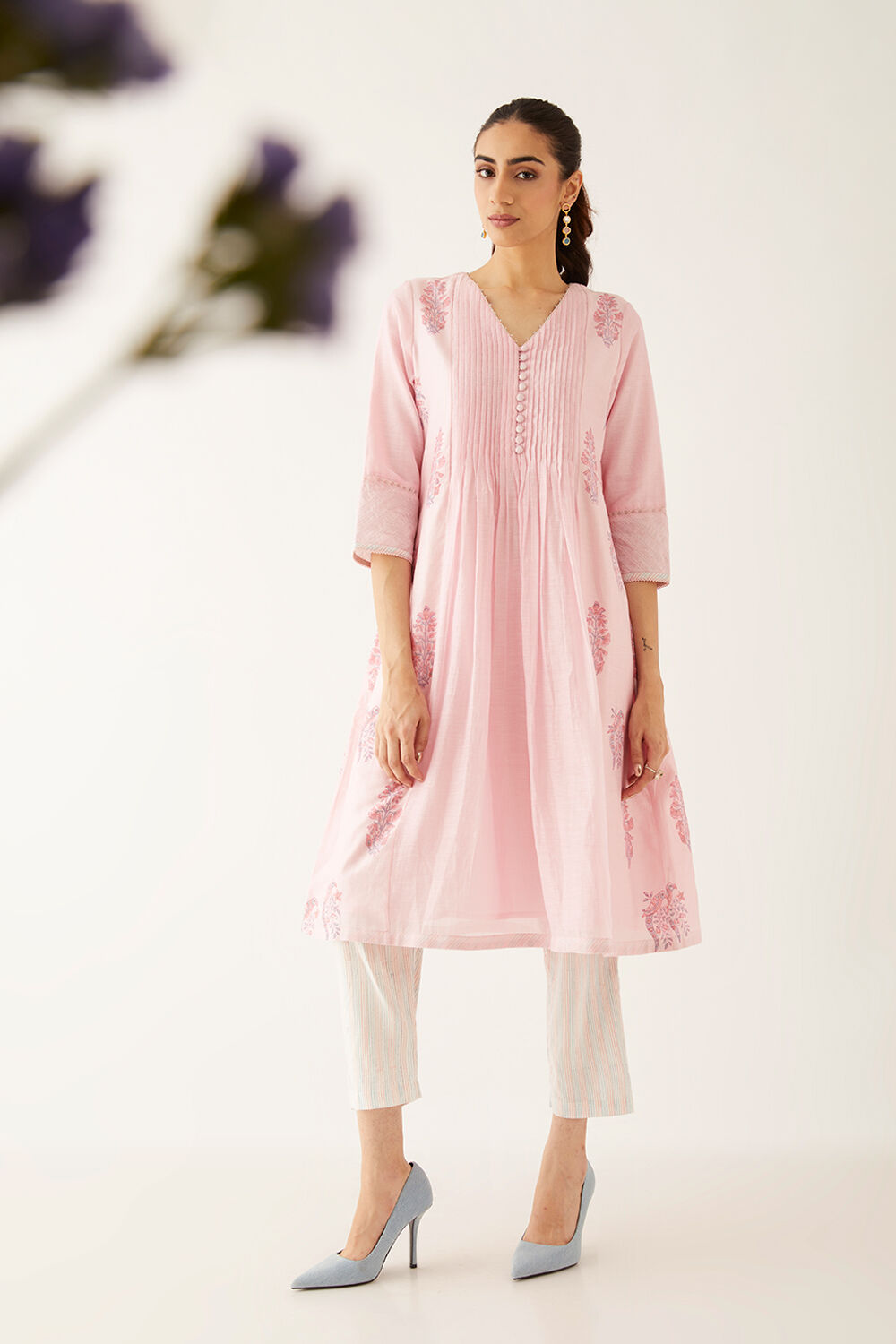 Light Pink Silk Cotton Block Printed Kurta Set image number null
