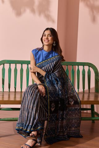 Dark Blue Bagru Printed Mukaish Pure Silk Cotton Saree image number