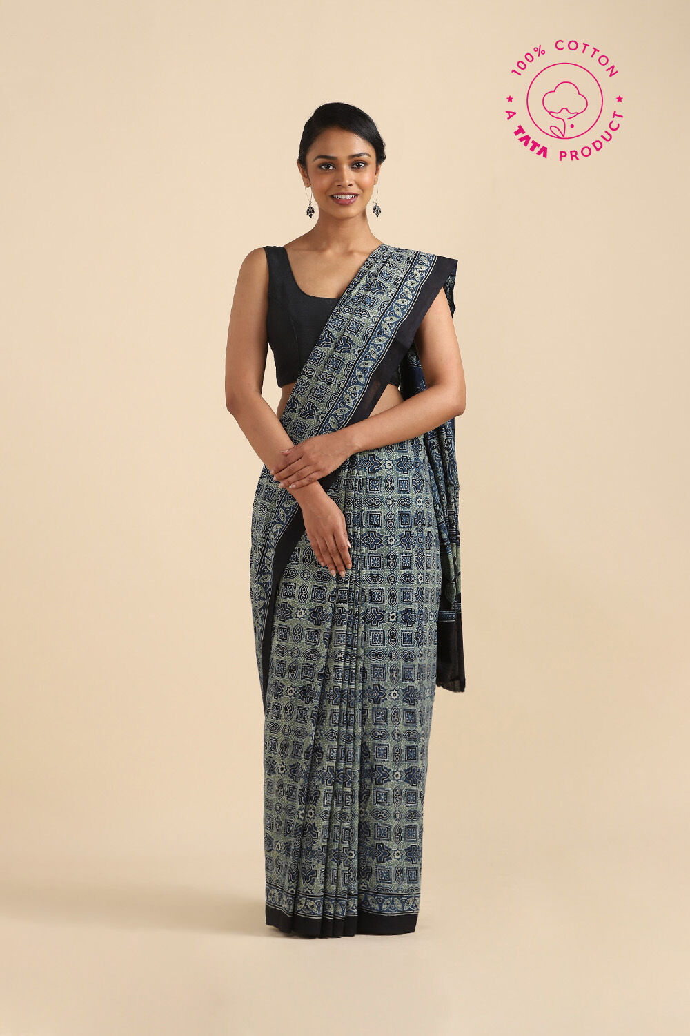 Blue Pure Cotton Ajrakh Printed Saree image number null