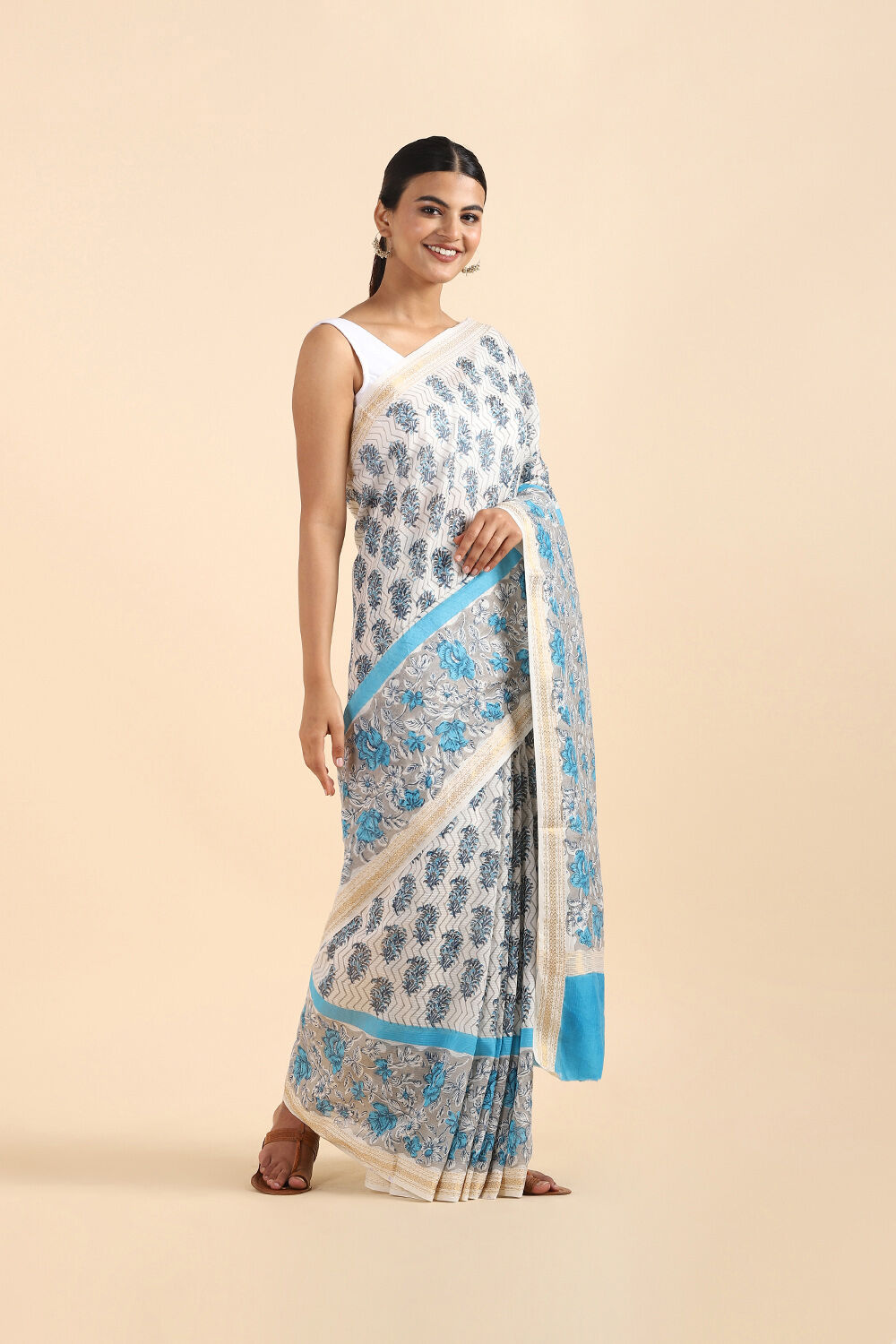 Off White Pure Silk Cotton Sanganeri Printed Saree image number null