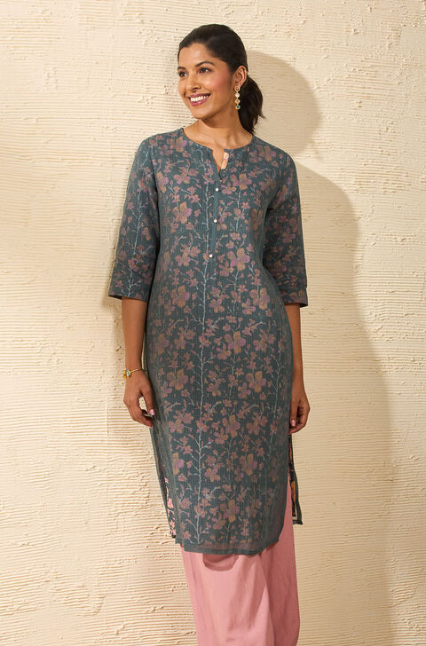 Dark Green Pure Kota Block Printed Sanganeri Kurta
