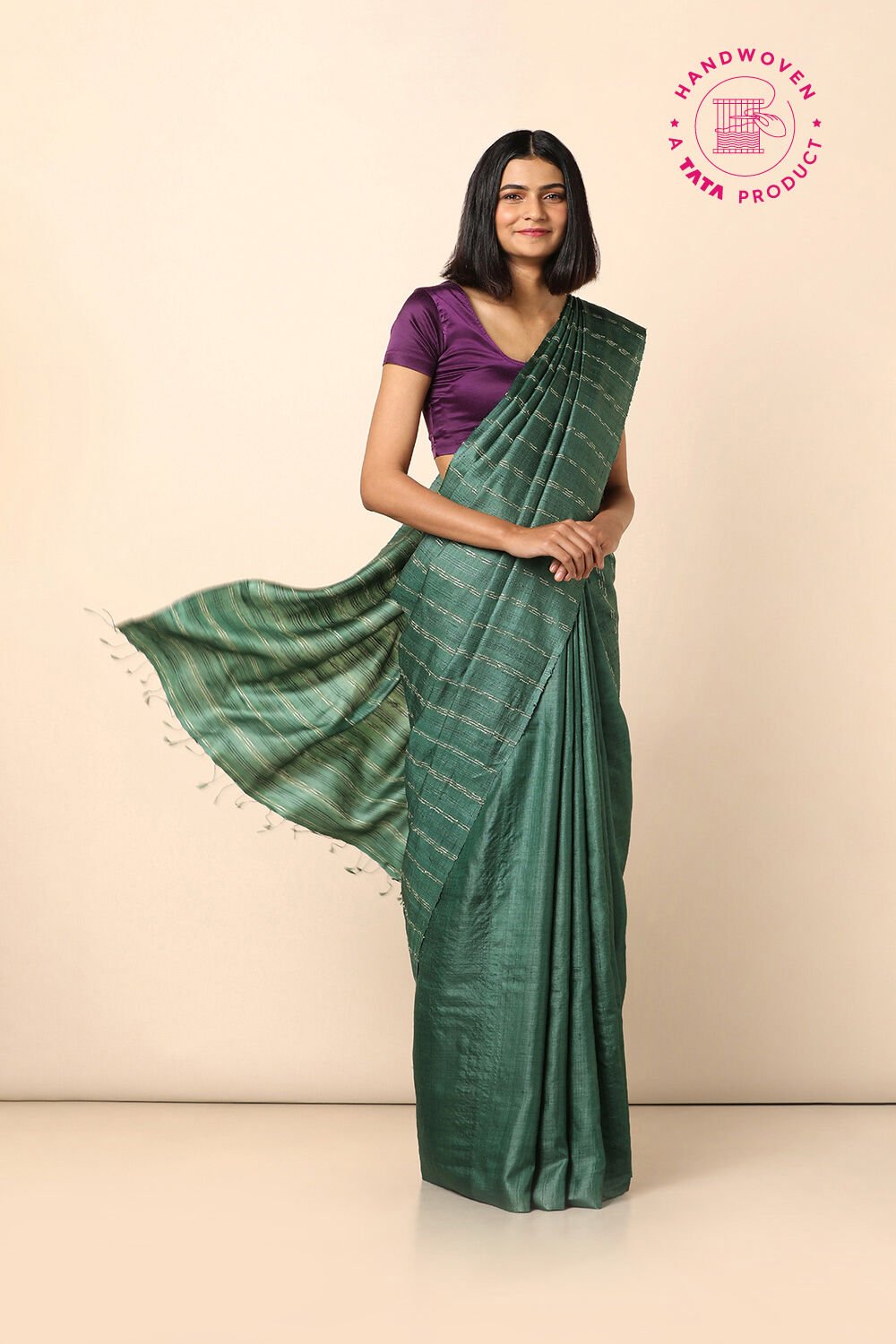 Green Pure Tussar Silk Woven Saree image number null