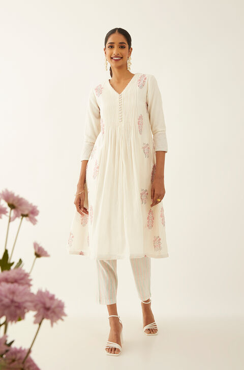White Pure Silk Cotton Printed Sanganeri Kurta Set