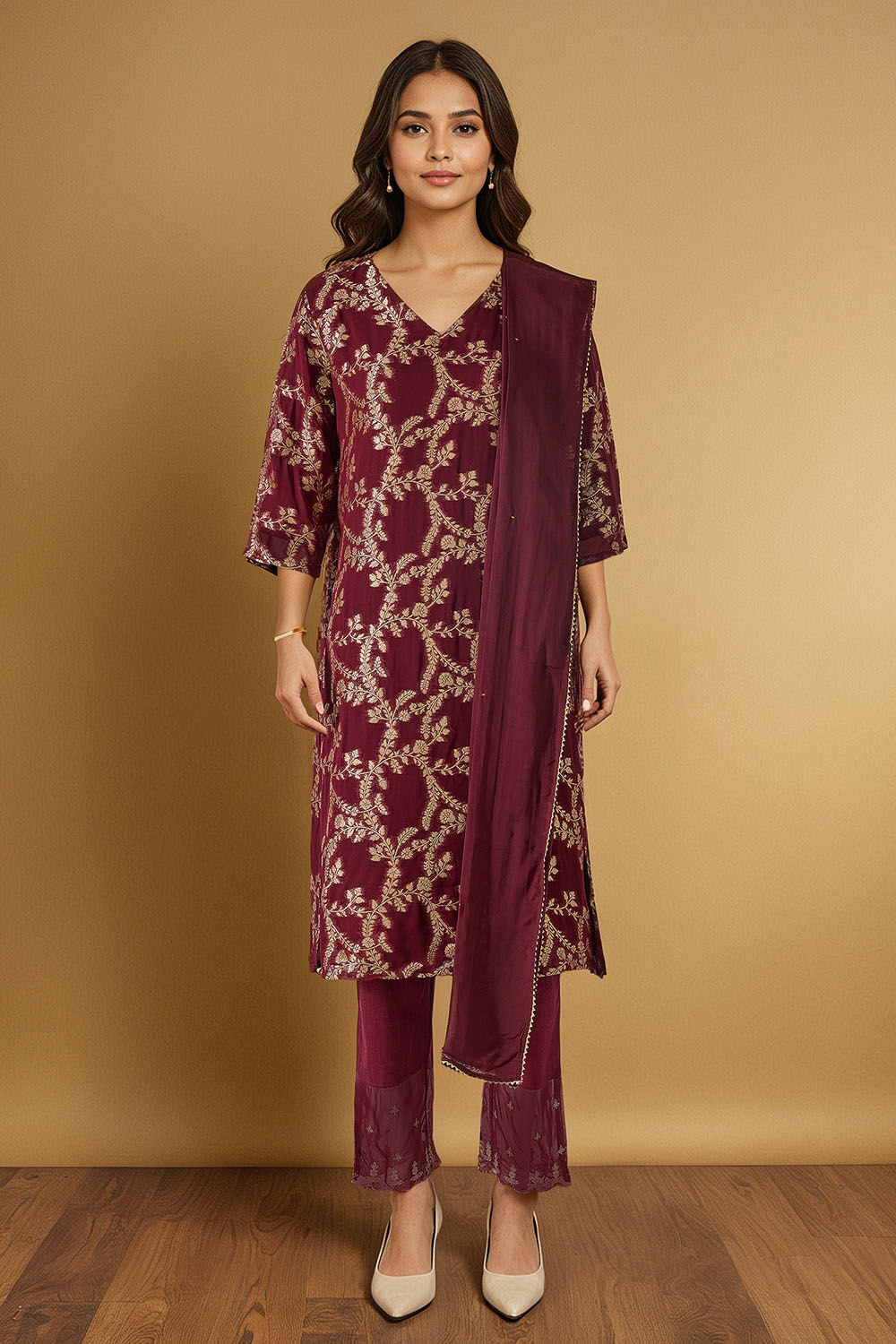 Dark Red Brocade Viscose Kurta Set image number null