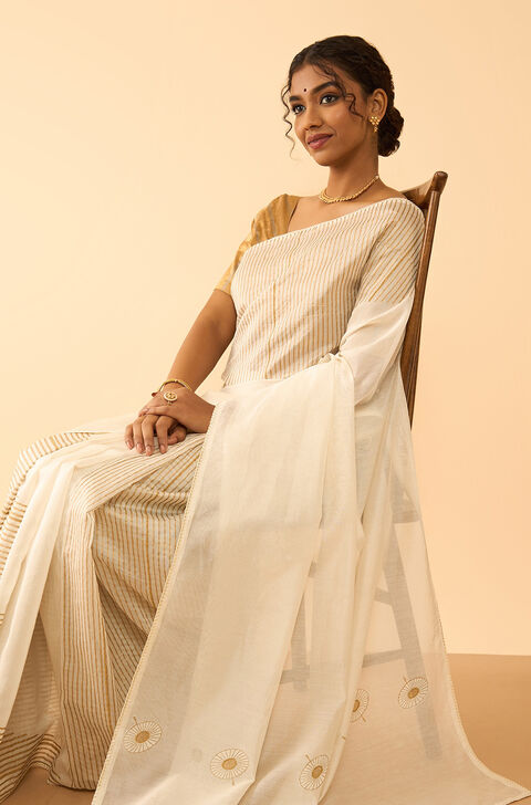 Off White Pure Silk Cotton Block Printed Embroidered Saree