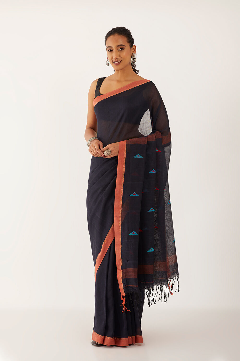 Black Pure Cotton Woven Bengali Saree image number null