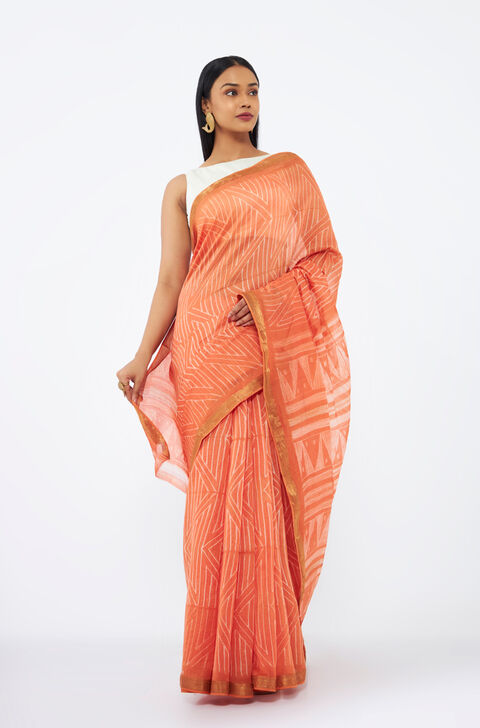 Orange Pure Silk Cotton Shibori Saree