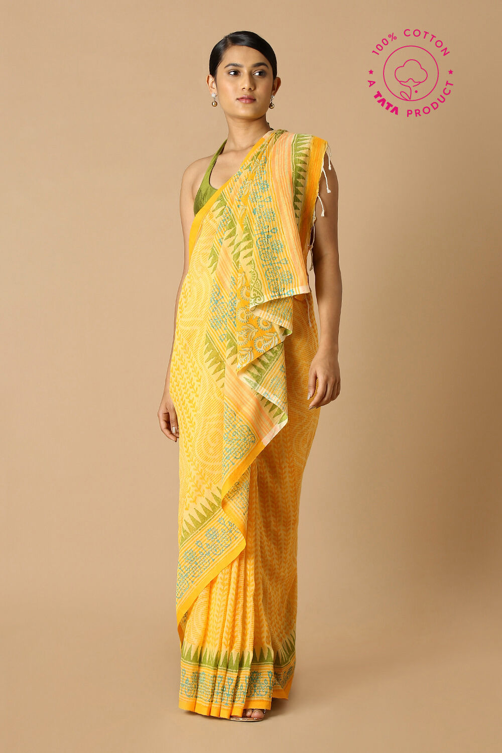 Yellow Pure Cotton Printed Saree image number null