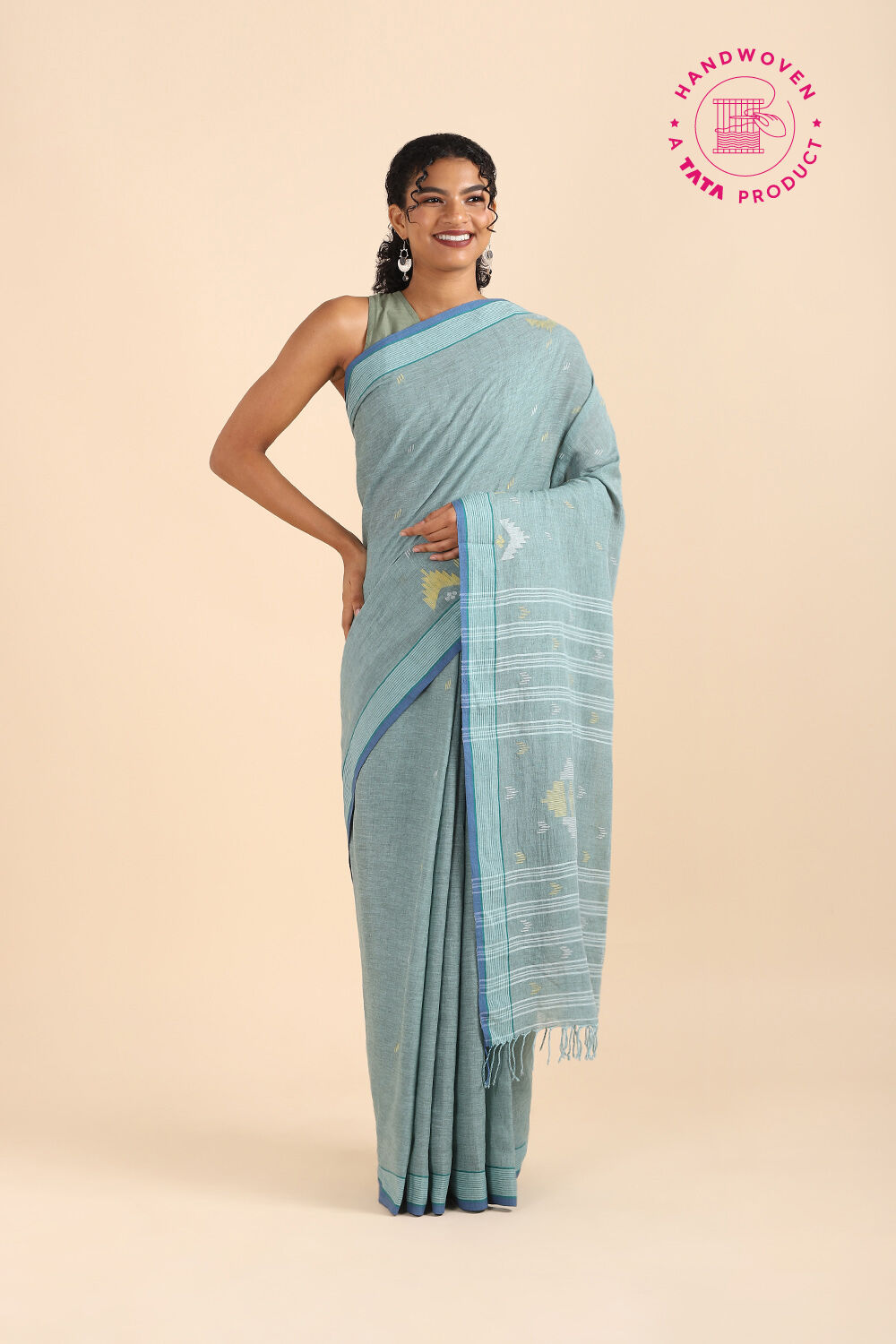 Blue Pure Khadi Cotton Jamdani Saree image number null