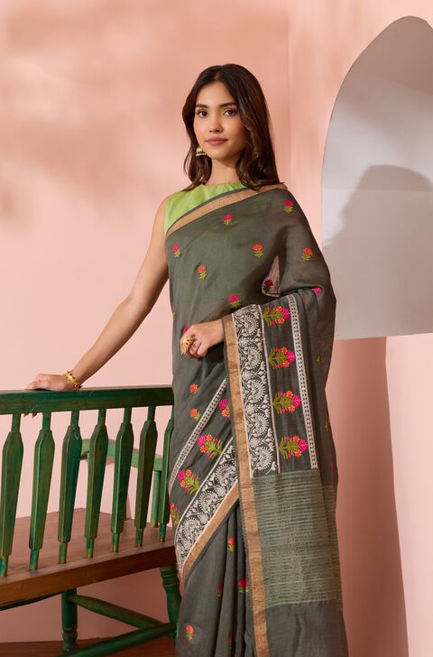 Grey Bengal Pure Silk Linen Embroidered Saree