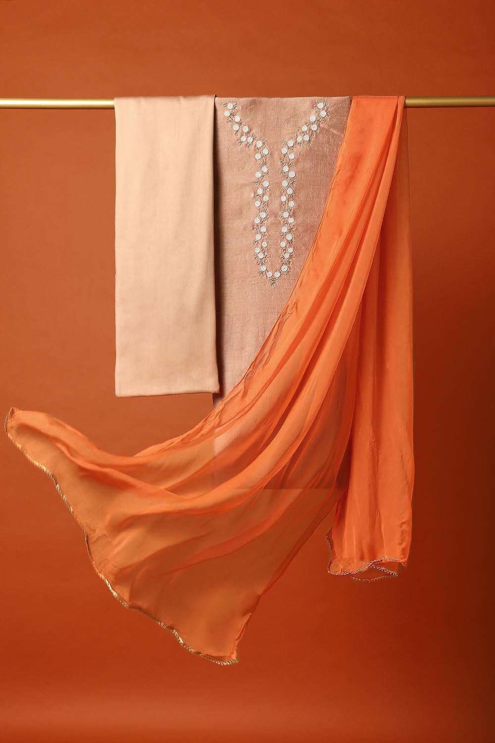 Brown Silk Embroidered Unstitched Suit Set image number null