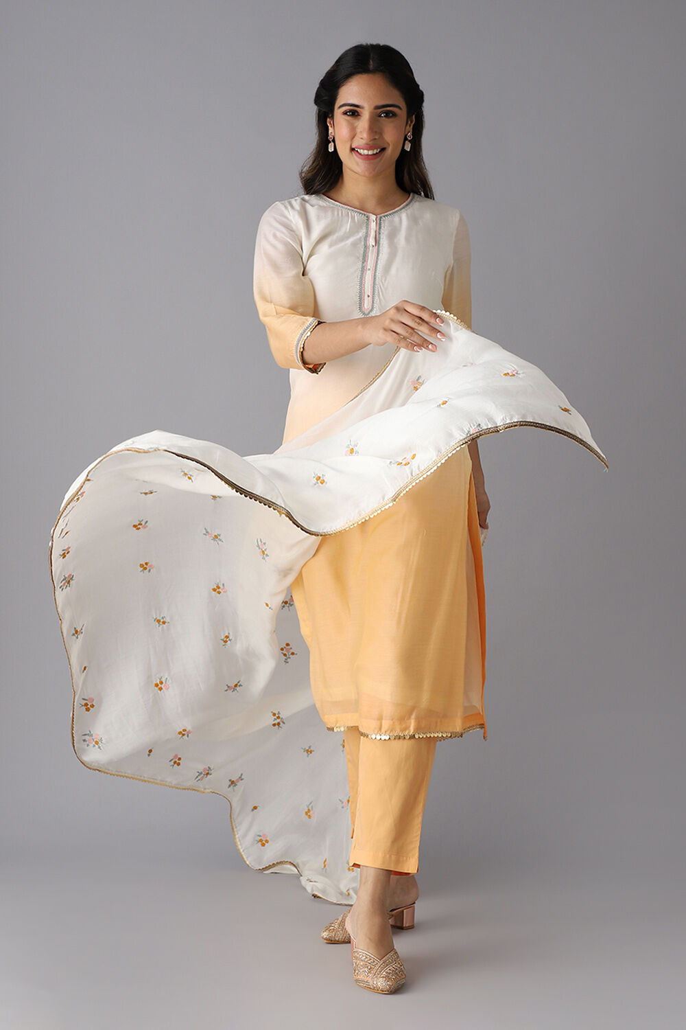 Off White and Light Orange Viscose Embroidered Kurta Set image number null