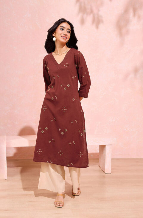 Brown Cotton Embroidered Kurta Set