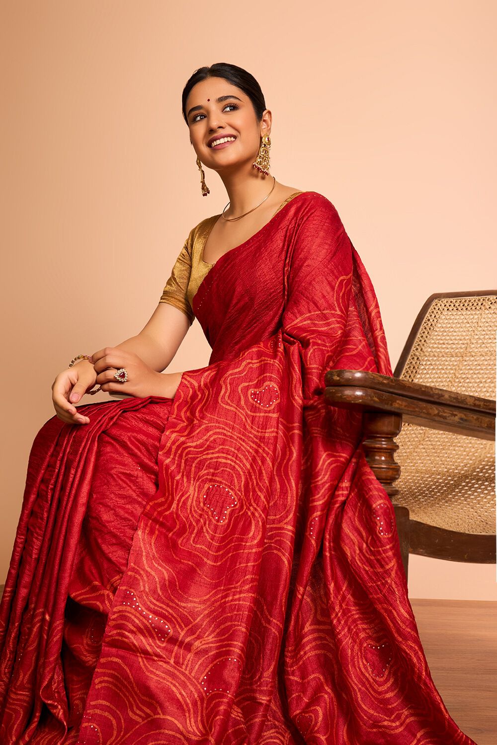 Red Batik Pure Tussar Silk Bengal Saree image number null